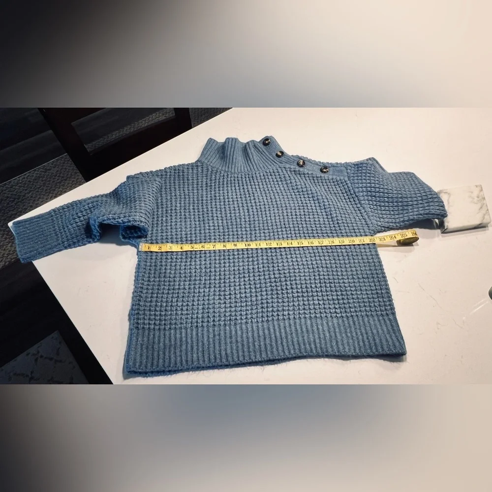 Ann Taylor Weekend Dusty Blue Mock Neck Button-Shoulder Sweater size L - Picture 10 of 11